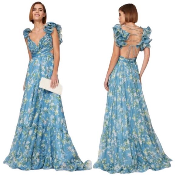 MAC DUGGAL
Women's Ruffle Tiered Floral Cut-Out Chiffon Gown / size 8 - Picture 6 of 12